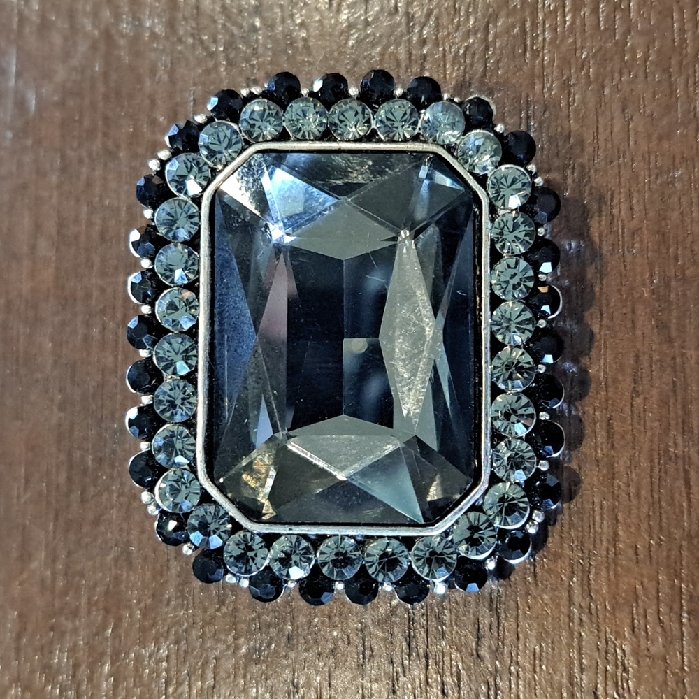 Octagonal Brooch/Pin Black and Clear Rhinestones 2"x1.5"
